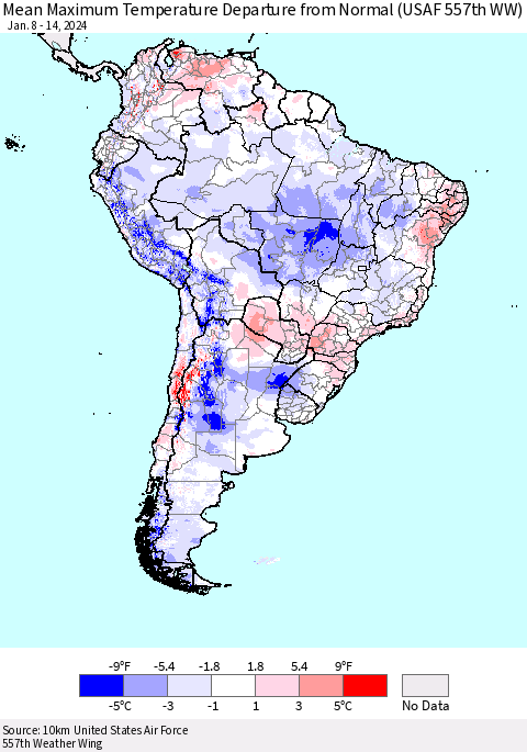 South America Mean Maximum Temperature Departure from Normal (USAF 557th WW) Thematic Map For 1/8/2024 - 1/14/2024