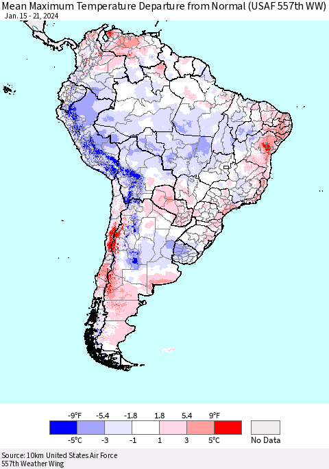 South America Mean Maximum Temperature Departure from Normal (USAF 557th WW) Thematic Map For 1/15/2024 - 1/21/2024