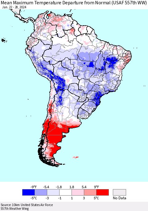 South America Mean Maximum Temperature Departure from Normal (USAF 557th WW) Thematic Map For 1/22/2024 - 1/28/2024