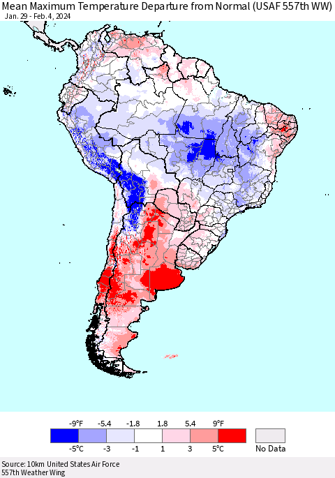 South America Mean Maximum Temperature Departure from Normal (USAF 557th WW) Thematic Map For 1/29/2024 - 2/4/2024