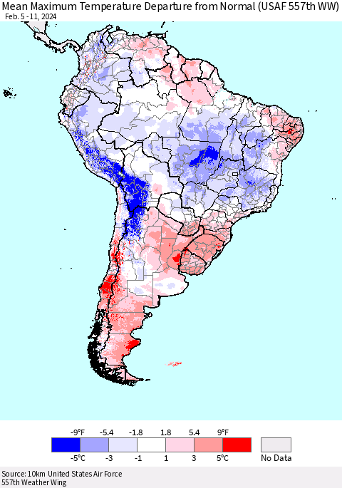 South America Mean Maximum Temperature Departure from Normal (USAF 557th WW) Thematic Map For 2/5/2024 - 2/11/2024