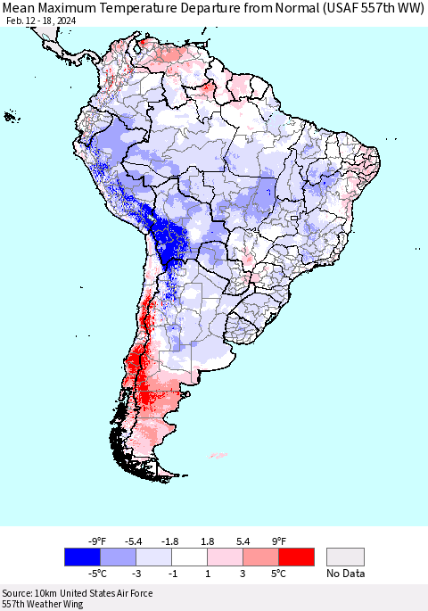 South America Mean Maximum Temperature Departure from Normal (USAF 557th WW) Thematic Map For 2/12/2024 - 2/18/2024