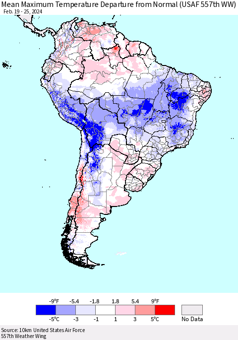 South America Mean Maximum Temperature Departure from Normal (USAF 557th WW) Thematic Map For 2/19/2024 - 2/25/2024