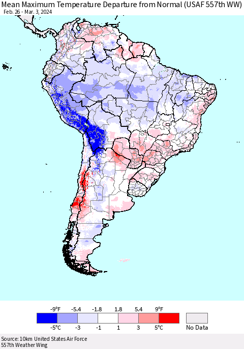 South America Mean Maximum Temperature Departure from Normal (USAF 557th WW) Thematic Map For 2/26/2024 - 3/3/2024