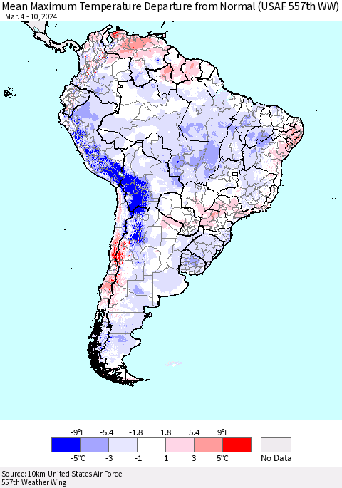 South America Mean Maximum Temperature Departure from Normal (USAF 557th WW) Thematic Map For 3/4/2024 - 3/10/2024