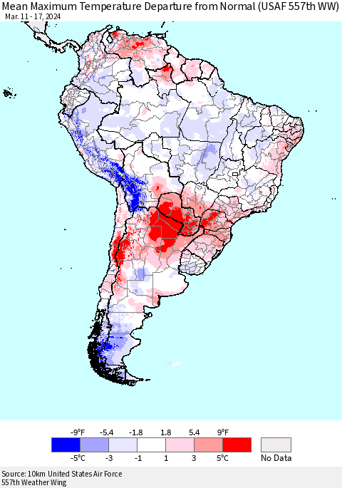 South America Mean Maximum Temperature Departure from Normal (USAF 557th WW) Thematic Map For 3/11/2024 - 3/17/2024