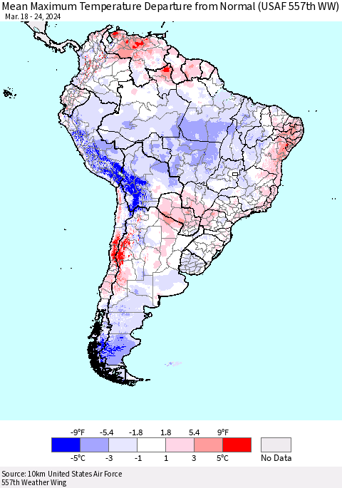South America Mean Maximum Temperature Departure from Normal (USAF 557th WW) Thematic Map For 3/18/2024 - 3/24/2024