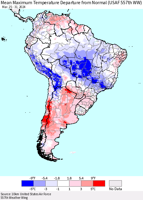 South America Mean Maximum Temperature Departure from Normal (USAF 557th WW) Thematic Map For 3/25/2024 - 3/31/2024
