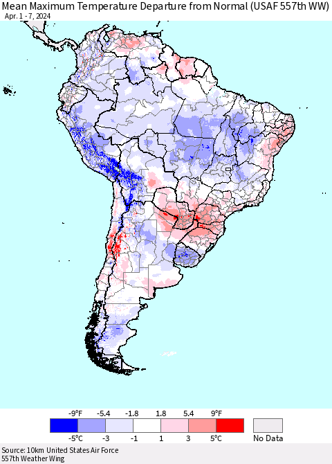 South America Mean Maximum Temperature Departure from Normal (USAF 557th WW) Thematic Map For 4/1/2024 - 4/7/2024