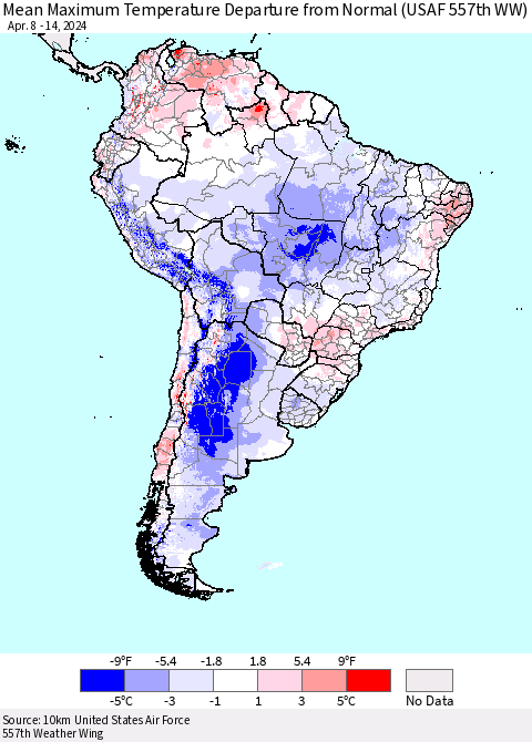 South America Mean Maximum Temperature Departure from Normal (USAF 557th WW) Thematic Map For 4/8/2024 - 4/14/2024