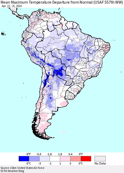 South America Mean Maximum Temperature Departure from Normal (USAF 557th WW) Thematic Map For 4/15/2024 - 4/21/2024