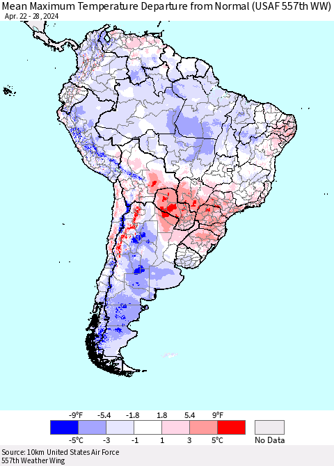 South America Mean Maximum Temperature Departure from Normal (USAF 557th WW) Thematic Map For 4/22/2024 - 4/28/2024