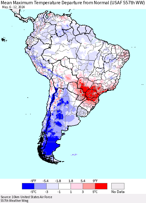 South America Mean Maximum Temperature Departure from Normal (USAF 557th WW) Thematic Map For 5/6/2024 - 5/12/2024