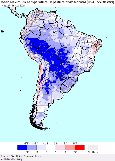South America Mean Maximum Temperature Departure from Normal (USAF 557th WW) Thematic Map For 5/27/2024 - 6/2/2024