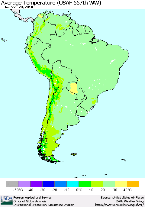 South America Average Temperature (USAF 557th WW) Thematic Map For 1/22/2018 - 1/28/2018