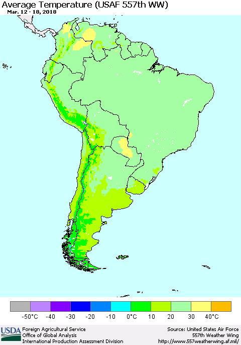 South America Average Temperature (USAF 557th WW) Thematic Map For 3/12/2018 - 3/18/2018