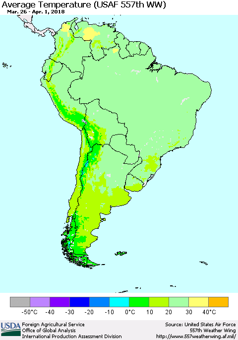 South America Average Temperature (USAF 557th WW) Thematic Map For 3/26/2018 - 4/1/2018