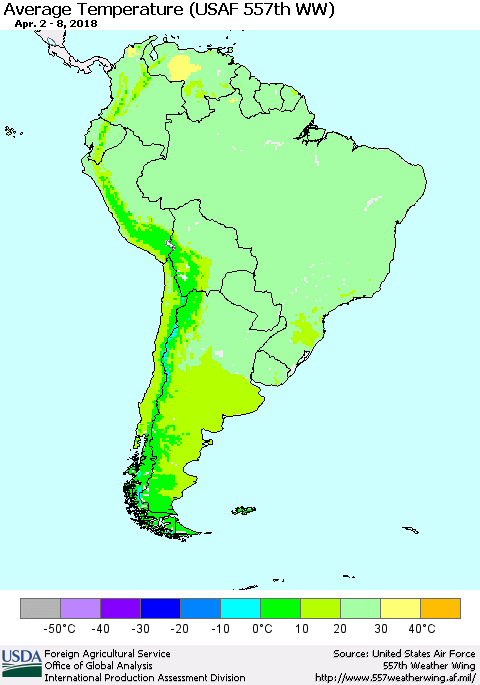 South America Average Temperature (USAF 557th WW) Thematic Map For 4/2/2018 - 4/8/2018