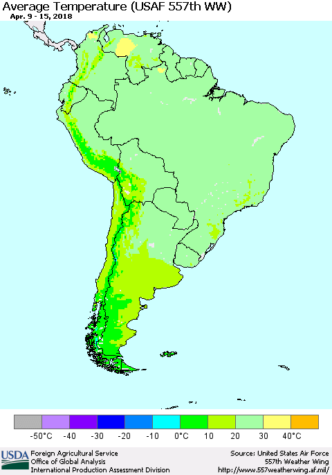 South America Average Temperature (USAF 557th WW) Thematic Map For 4/9/2018 - 4/15/2018