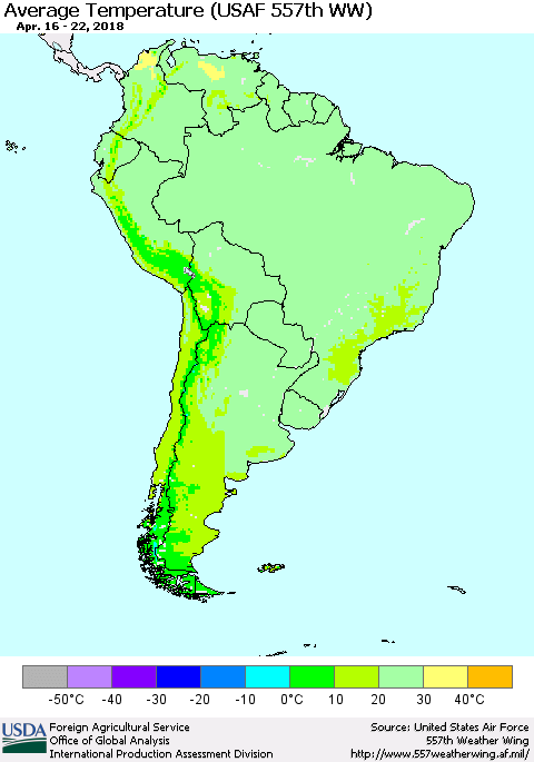 South America Average Temperature (USAF 557th WW) Thematic Map For 4/16/2018 - 4/22/2018