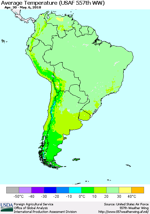 South America Average Temperature (USAF 557th WW) Thematic Map For 4/30/2018 - 5/6/2018