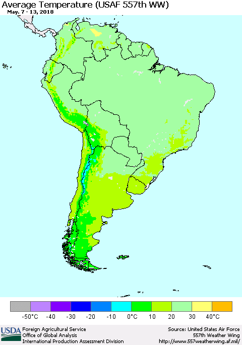South America Average Temperature (USAF 557th WW) Thematic Map For 5/7/2018 - 5/13/2018