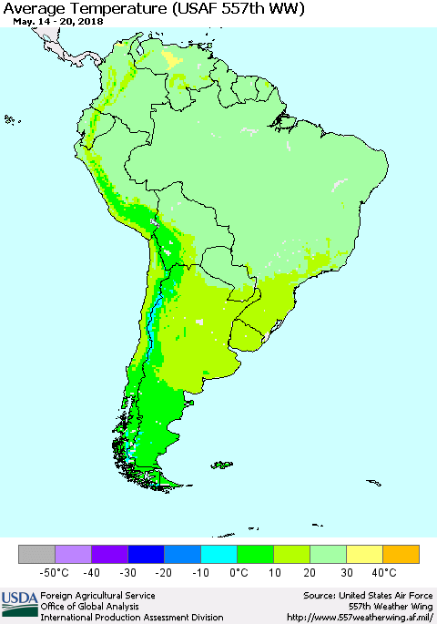 South America Average Temperature (USAF 557th WW) Thematic Map For 5/14/2018 - 5/20/2018