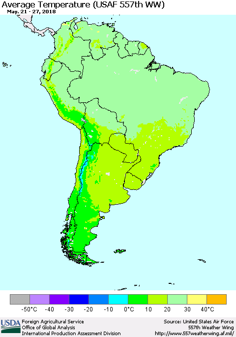 South America Average Temperature (USAF 557th WW) Thematic Map For 5/21/2018 - 5/27/2018