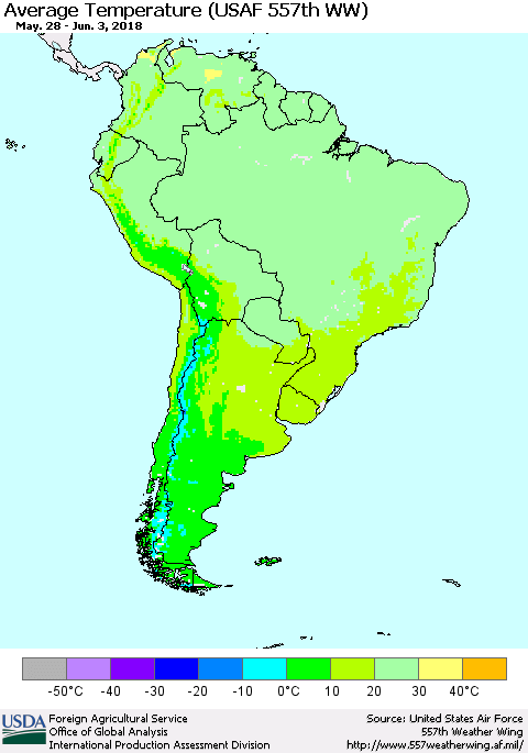 South America Average Temperature (USAF 557th WW) Thematic Map For 5/28/2018 - 6/3/2018