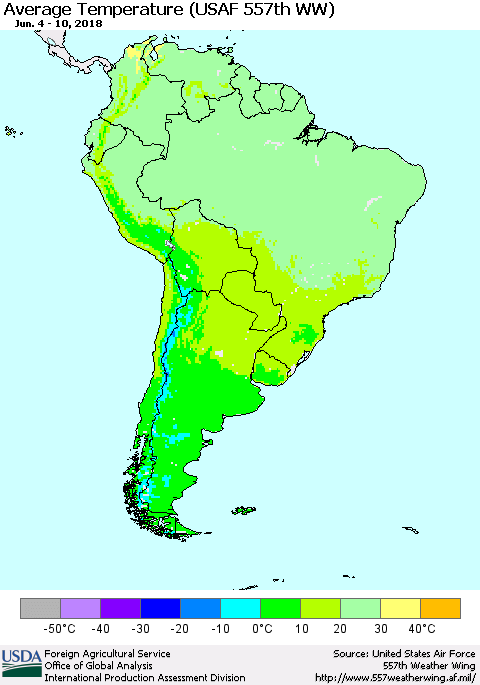 South America Average Temperature (USAF 557th WW) Thematic Map For 6/4/2018 - 6/10/2018