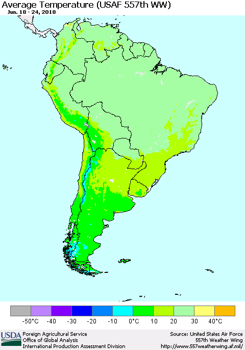 South America Average Temperature (USAF 557th WW) Thematic Map For 6/18/2018 - 6/24/2018