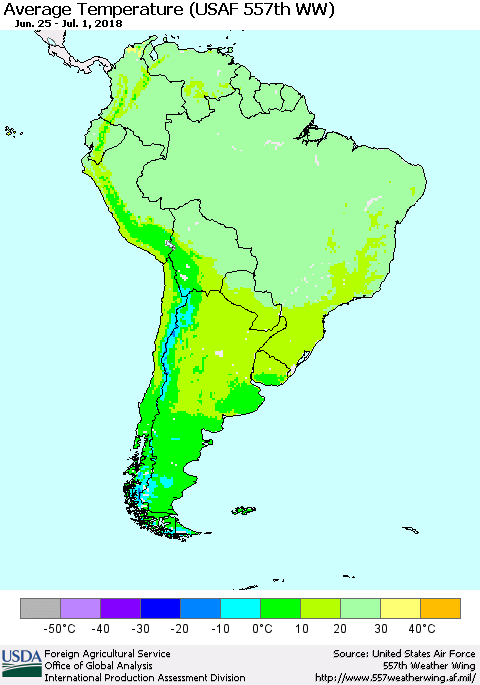 South America Average Temperature (USAF 557th WW) Thematic Map For 6/25/2018 - 7/1/2018