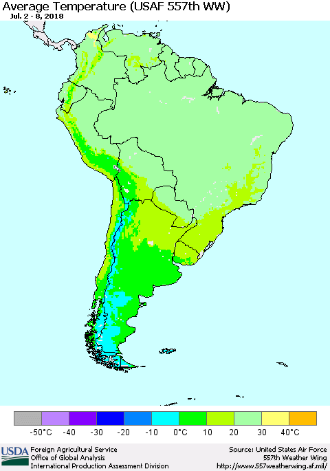 South America Average Temperature (USAF 557th WW) Thematic Map For 7/2/2018 - 7/8/2018