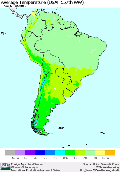 South America Average Temperature (USAF 557th WW) Thematic Map For 8/6/2018 - 8/12/2018