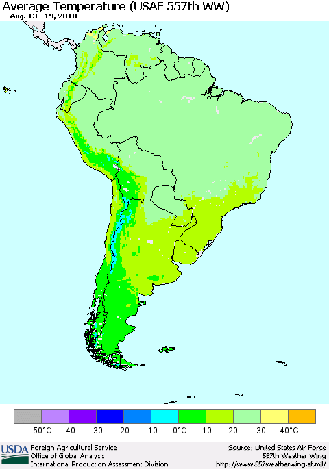 South America Average Temperature (USAF 557th WW) Thematic Map For 8/13/2018 - 8/19/2018
