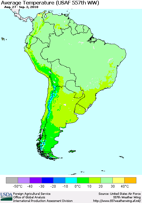 South America Average Temperature (USAF 557th WW) Thematic Map For 8/27/2018 - 9/2/2018
