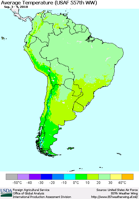 South America Average Temperature (USAF 557th WW) Thematic Map For 9/3/2018 - 9/9/2018