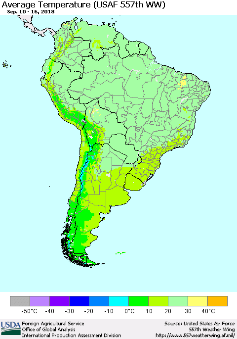 South America Average Temperature (USAF 557th WW) Thematic Map For 9/10/2018 - 9/16/2018