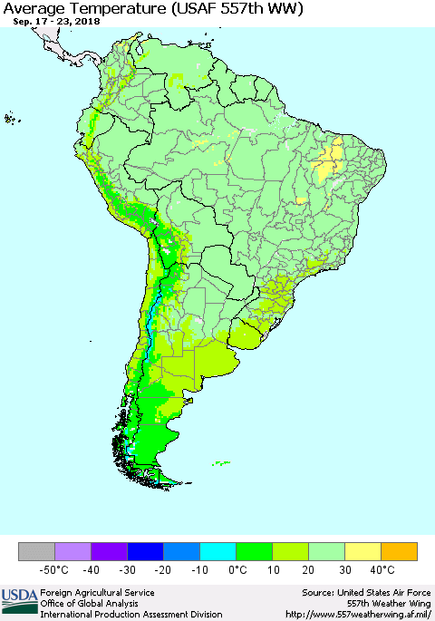South America Average Temperature (USAF 557th WW) Thematic Map For 9/17/2018 - 9/23/2018