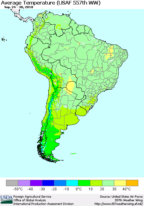 South America Average Temperature (USAF 557th WW) Thematic Map For 9/24/2018 - 9/30/2018