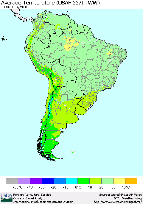South America Average Temperature (USAF 557th WW) Thematic Map For 10/1/2018 - 10/7/2018