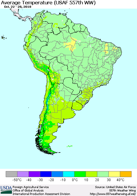 South America Average Temperature (USAF 557th WW) Thematic Map For 10/22/2018 - 10/28/2018