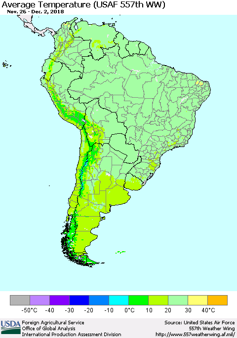 South America Average Temperature (USAF 557th WW) Thematic Map For 11/26/2018 - 12/2/2018