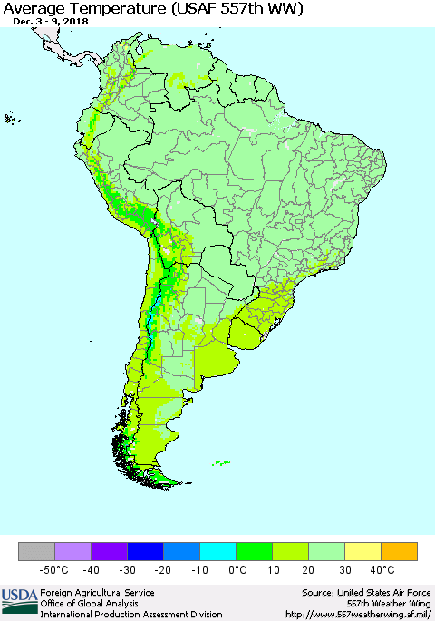 South America Average Temperature (USAF 557th WW) Thematic Map For 12/3/2018 - 12/9/2018