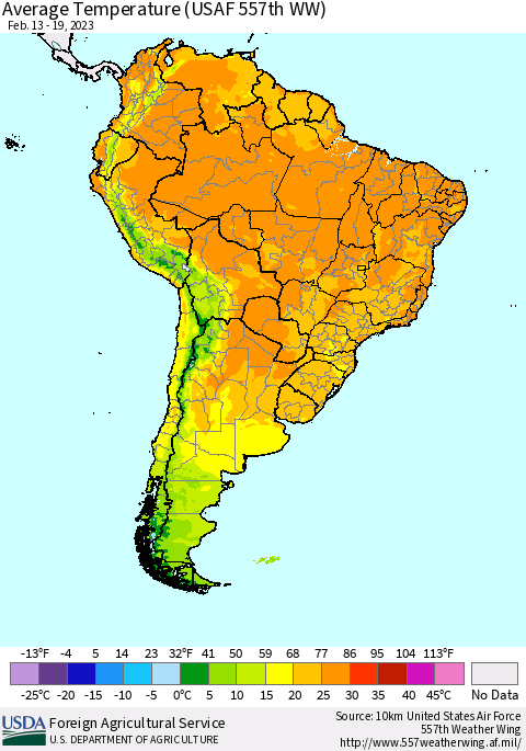 South America Average Temperature (USAF 557th WW) Thematic Map For 2/13/2023 - 2/19/2023