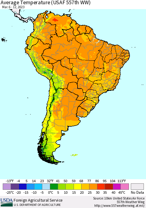 South America Average Temperature (USAF 557th WW) Thematic Map For 3/6/2023 - 3/12/2023