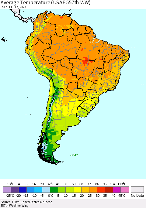 South America Average Temperature (USAF 557th WW) Thematic Map For 9/11/2023 - 9/17/2023