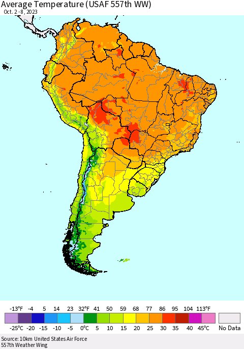 South America Average Temperature (USAF 557th WW) Thematic Map For 10/2/2023 - 10/8/2023