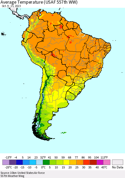 South America Average Temperature (USAF 557th WW) Thematic Map For 10/9/2023 - 10/15/2023