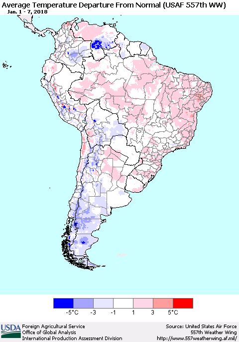 South America Average Temperature Departure from Normal (USAF 557th WW) Thematic Map For 1/1/2018 - 1/7/2018